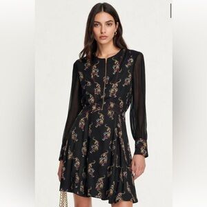 Sandro Paris Black Dress with Tigers Feline and Floral Motive Xs-S